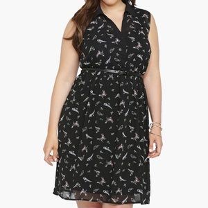 Chiffon Bird Print Collared Sleeveless Dress